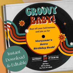Vinyl Record Invitation, Retro Birthday Invite, 70s Theme Invitation, Groovy Baby Invitation