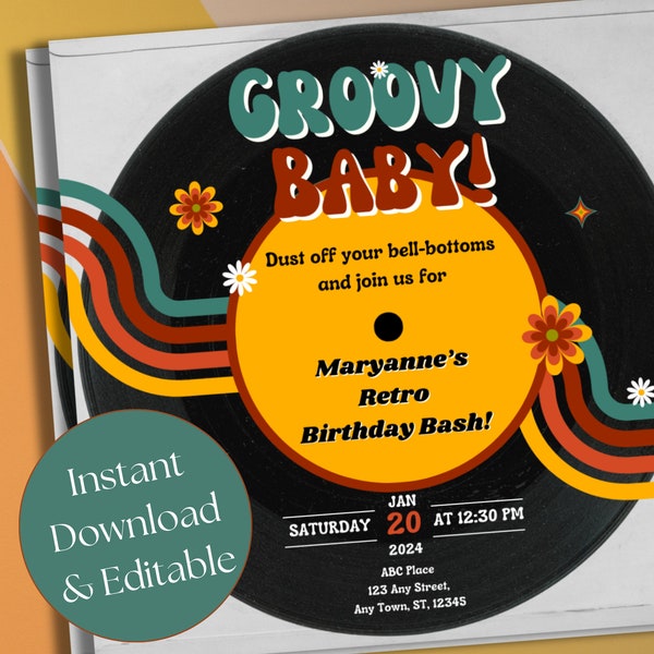 Vinyl Record Invitation, Retro Birthday Invite, 70s Theme Invitation, Groovy Baby Invitation