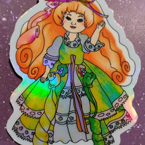 Autocollant de nappe de pétrole arc-en-ciel en vinyle découpé 2,5 x 3,5 pouces inspiré du jouet vintage couronne bouclée jeune fille