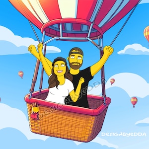 May include: Cartoon illustration of a couple in a hot air balloon with a red and white striped top and a woven basket. The background is a blue sky with clouds and other hot air balloons. The text "DesignbyEDDA" is visible.