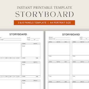 May include: A printable storyboard template for film or video projects. The template has 6 panels with space for scene, shot number, time, plan, and audio notes. The template is designed for A4 portrait size paper.