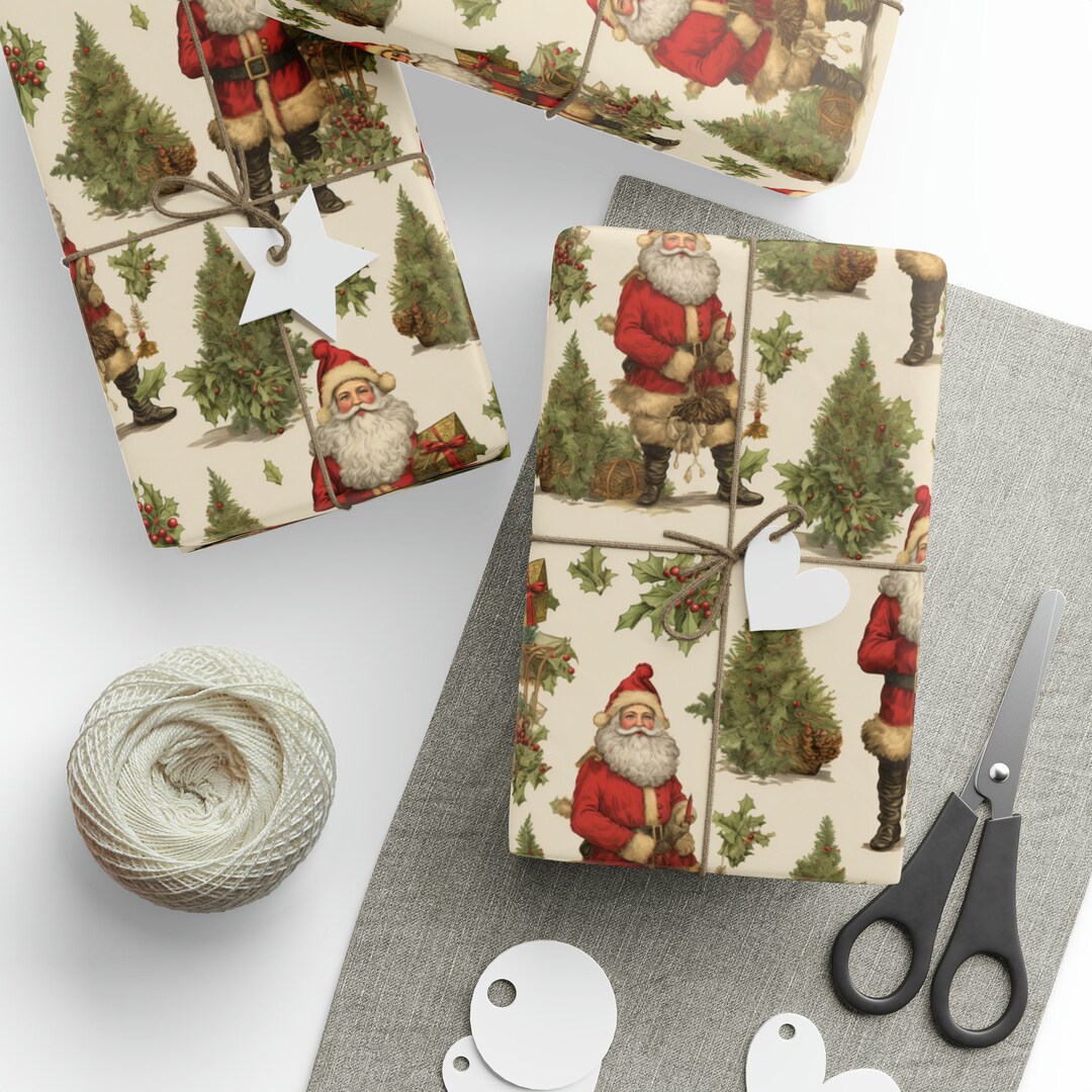 Christmas Wrapping Paper, Victorian Style, Santa Claus, Christmas Trees