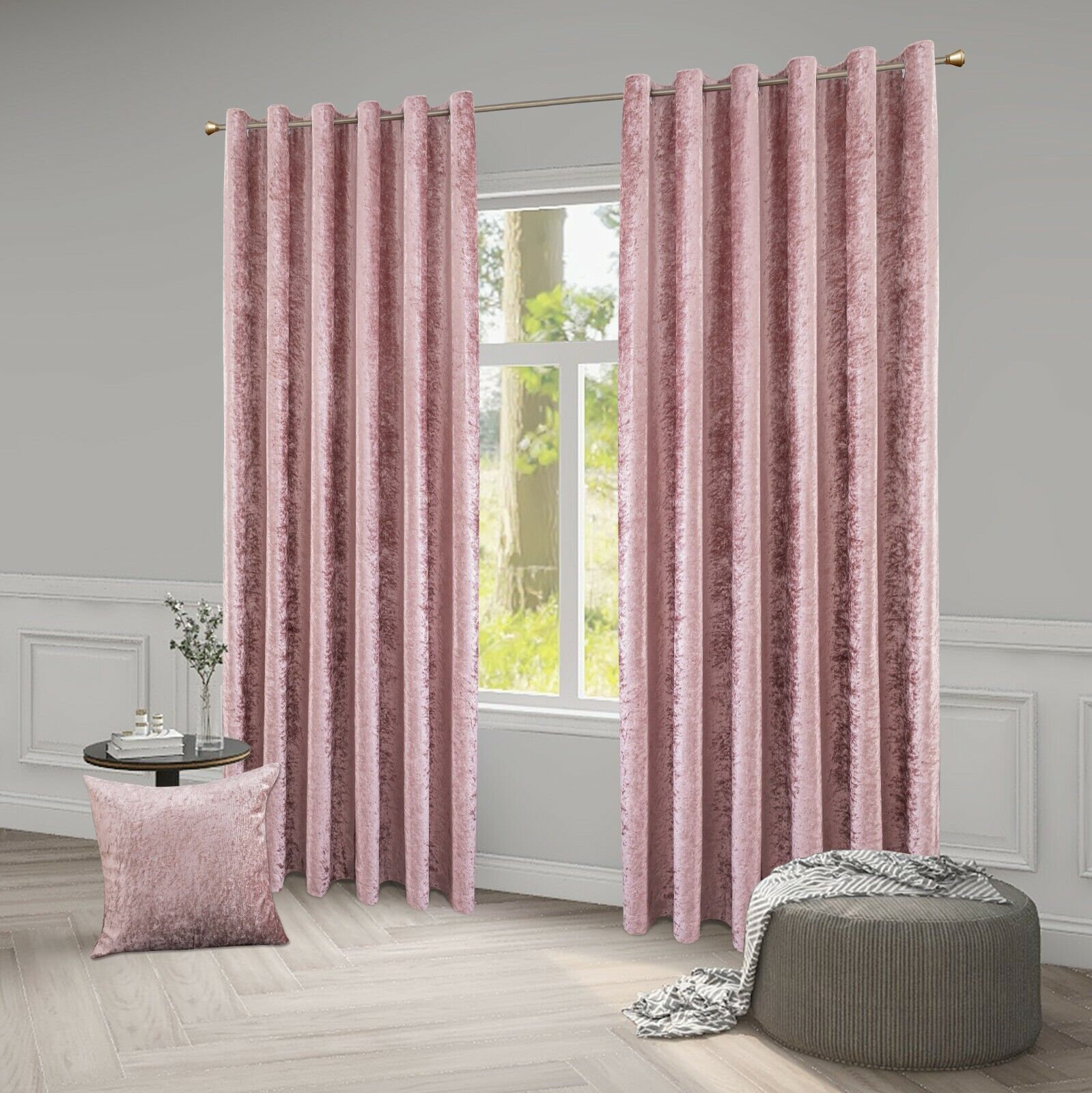 Blush Pink Crushed Velvet Curtains Eyelet Ring Top Pair of Fully