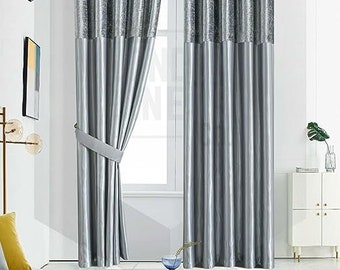 Silver/Silver Crushed Velvet Band Curtains Fully Lined Eyelet Ring Top Faux Silk Window Treatment Panels | Satin Silk Curtains for Bedroom