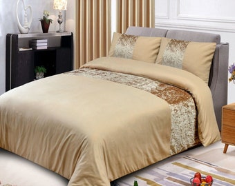 Champagne / Gold Crushed Velvet Panel Duvet Cover with Pillowcase Bedding Set - 1 Duvet Cover and 2 Pillow Cases - Free Shipping