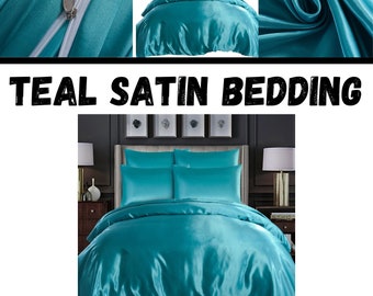 Teal Satin Silk Duvet Cover Sets | Satin Bedding Set 6 Pieces | Fitted Sheet, Duvet cover, 4 Pillowcases | Soft Top Notch Gift Duvet Set