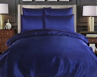Navy Blue Satin Silk Duvet Cover Sets | Satin Bedding Set 6 Pieces | Fitted Sheet, Duvet cover, 4 Pillowcases |Soft Top Notch Gift Duvet Set