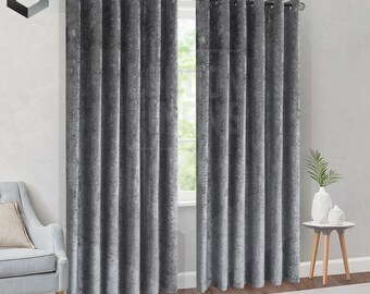 Charcoal Grey Crushed Velvet Curtains - Eyelet Ring Top Pair of Fully Lined Curtains - Luxury Velvet Curtains Gift Set Curtains for Bedroom