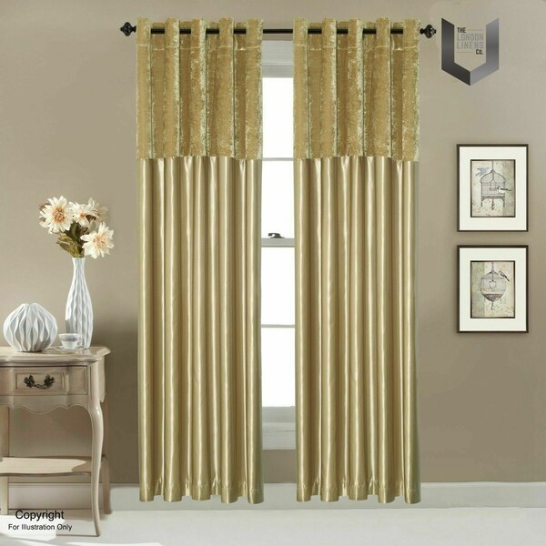 Champagne Gold Crushed Velvet Band Curtains Fully Lined Eyelet Ring Top Faux Silk Window Treatment Panels | Satin Silk Curtains for Bedroom