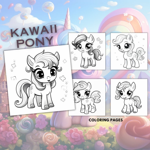 30 Kawaii Little Pony Coloring Pages, Cartoon Coloring Book, For Kids and Adult, Digital Download, Printable