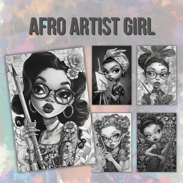 23 Afro Artist Girl Coloring Pages, Colouring Book, Grayscale Coloring Book for Adults and Kids, Digital Download