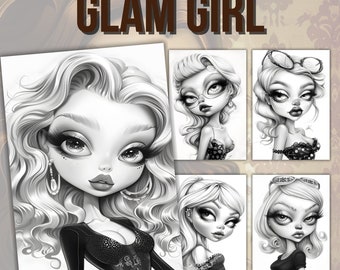 Graustufen Malbuch Glam Girl, 28 Malseiten, Malbuch für Erwachsene und Kinder, digitaler Download