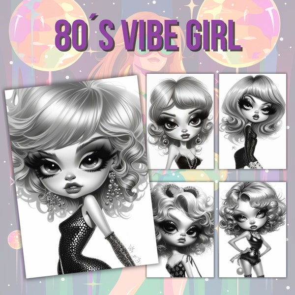 34 Grayscale Coloring Pages 80s Vibe Girl, Cartoon Coloring Book, For Kids and Adult, Digital Download, Printable