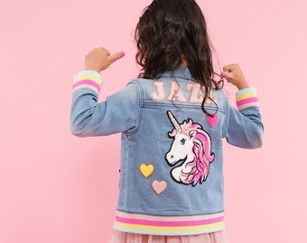 Unicorn Rainbow Custom Kids' Denim Jacket | Chenille Patches | Personalized Denim Jacket