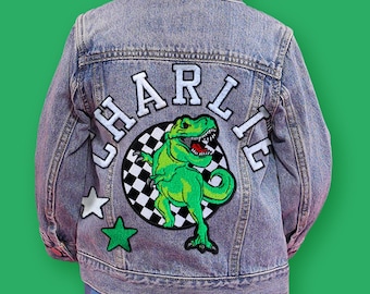 Dinosaur Varsity Custom Kids' Denim Jacket | Chenille T-Rex Patches | Personalized Denim Jacket