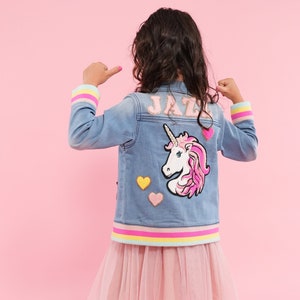 Unicorn Rainbow Custom Kids' Denim Jacket | Chenille Patches | Personalized Denim Jacket