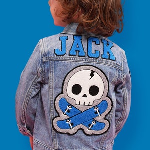 Skate Skull Varsity Custom Kids' Denim Jacket | Chenille Skate Patches | Personalized Denim Jacket