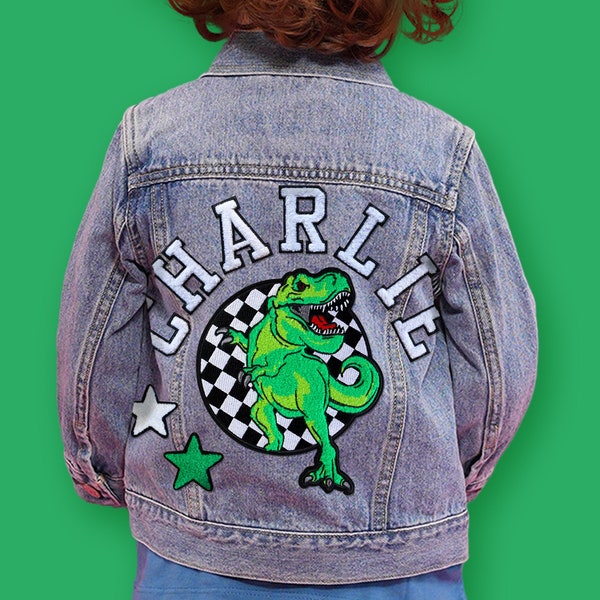 Dinosaur Varsity Custom Kids' Denim Jacket | Chenille T-Rex Patches | Personalized Denim Jacket
