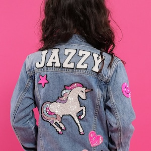 Sequin Unicorn Custom Kids' Denim Jacket | Chenille Patches | Personalized Denim Jacket