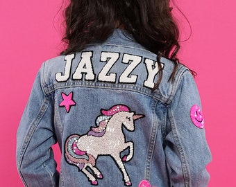 Sequin Unicorn Custom Kids' Denim Jacket | Chenille Patches | Personalized Denim Jacket