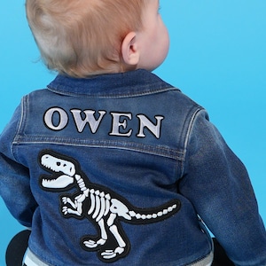 Custom Baby Denim Jacket with Dinosaur Supersize Patch | Chenille Patches | Personalized Denim Jacket