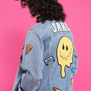 Melty Smiley Custom Kids&#39; Denim Jacket with Chenille and Embroidered Patches