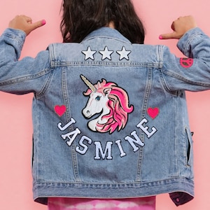 Unicorn Varsity Custom Kids' Denim Jacket | Chenille Patches | Personalized Denim Jacket