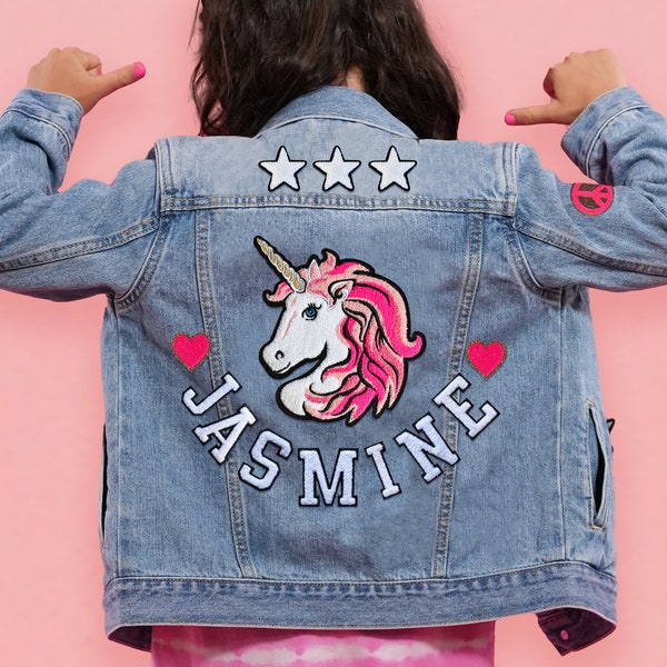 Unicorn Varsity Custom Kids' Denim Jacket | Chenille Patches | Personalized Denim Jacket