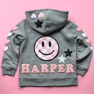 Custom Kids&#39; Hoodie with Check Smiley Supersize Patch | Chenille Patches | Personalized Hoodie