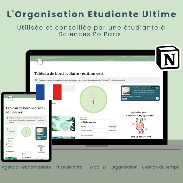 Notion template pour étudiant en français, Organisation et planification scolaire, gestion du temps, agenda, suivi des cours, version vert