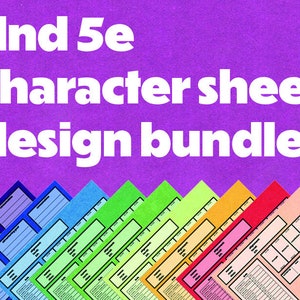 May include: A bundle of colorful printable Dungeons and Dragons 5e character sheets. The sheets are designed with different color schemes and layouts.