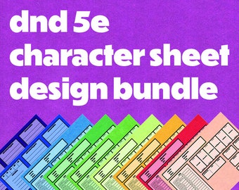 Op de afbeelding: Een bundel kleurrijke, printbare Dungeons and Dragons 5e personagebladen. De bladen zijn ontworpen met verschillende kleurschema's en lay-outs.