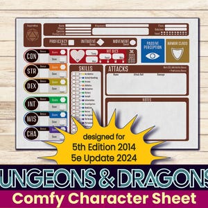 May include: A brown and white Dungeons & Dragons character sheet with a yellow starburst design. The sheet is designed for 5th Edition 2014 and 5e Update 2024.