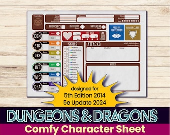 Op de afbeelding: Een bruin en wit Dungeons & Dragons-personageblad met een geel stervormig ontwerp. Het blad is ontworpen voor de 5e editie 2014 en de 5e update 2024.