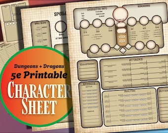 Op de afbeelding: Een printbaar Dungeons & Dragons 5e personageblad met secties voor personage-informatie, uitrusting, effecten, aanvallen, vaardigheden en acties. Het blad heeft een beige achtergrond met bruine lijnen en cirkels.