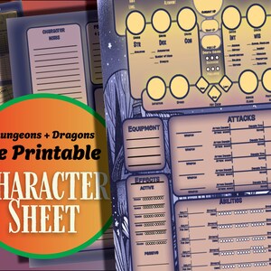 May include: A printable Dungeons & Dragons 5e character sheet with a dark blue and purple background. The sheet includes sections for character information, abilities, attacks, equipment, and effects.