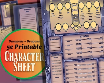 Op de afbeelding: Een printbaar Dungeons & Dragons 5e personageblad met een donkerblauwe en paarse achtergrond. Het blad bevat secties voor personage-informatie, vaardigheden, aanvallen, uitrusting en effecten.