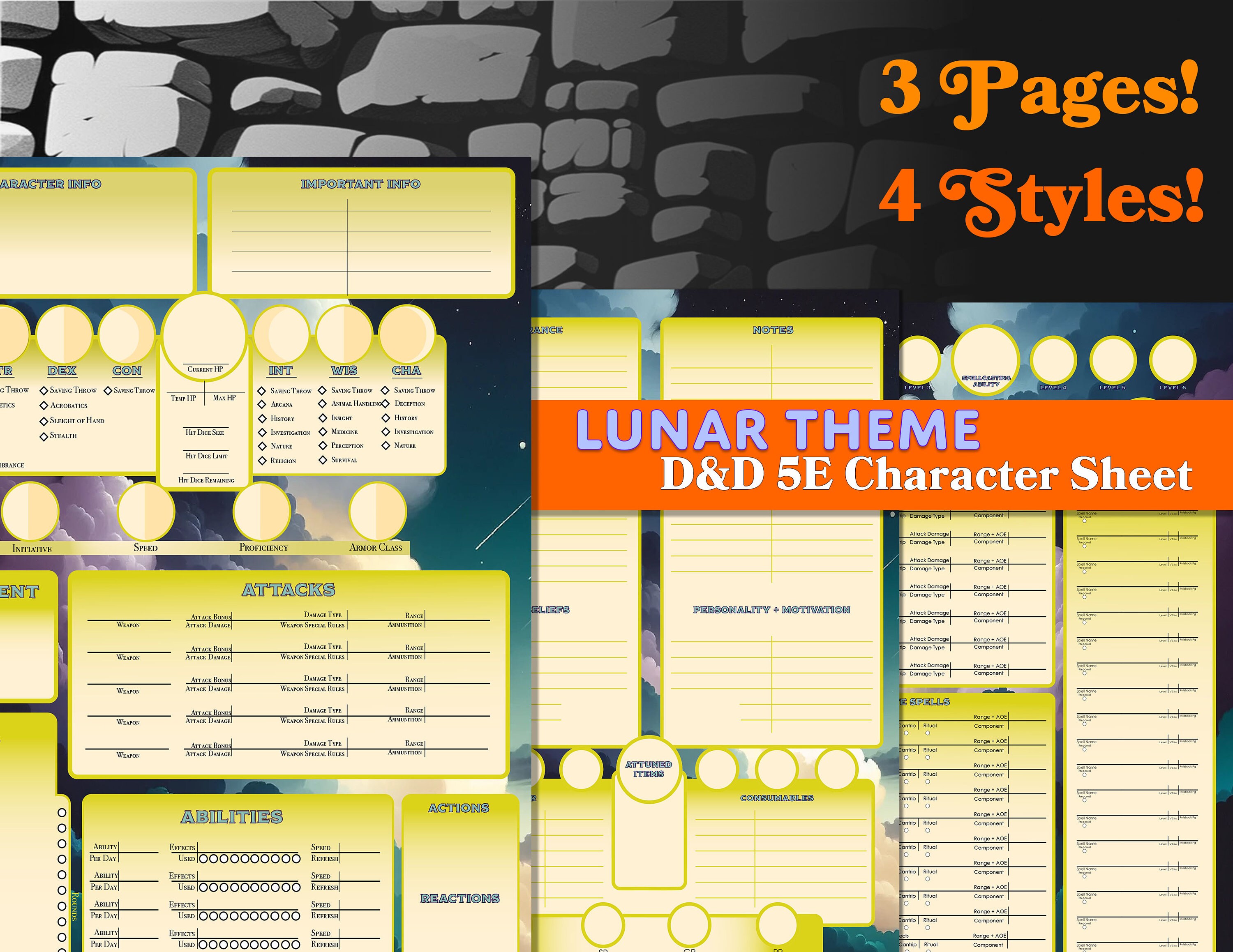 Dnd Character Sheet 5e Printable Accessory Moonlight Theme Etsy