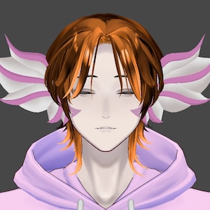 May include: A digital illustration of a person with brown hair and orange highlights, wearing a light purple hoodie. The person has closed eyes and white and pink wing-like structures on either side of their head.