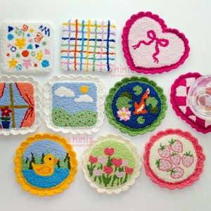 cute tufted mug rugs, drink coasters, punch needle & crochet