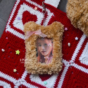 crochet fuzzy kpop photocard holder | teddy bear kpop pc holder keychain