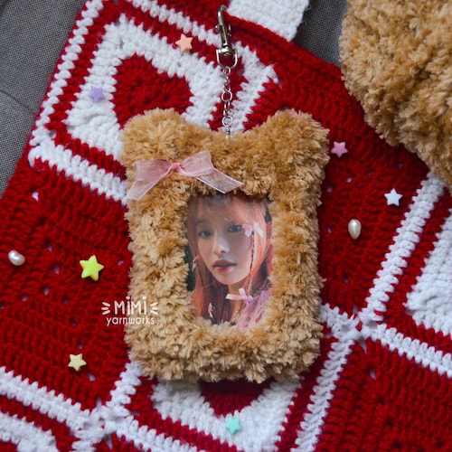 Crochet Fuzzy Teddy Bear Kpop Photocard Holder Keychain - Etsy