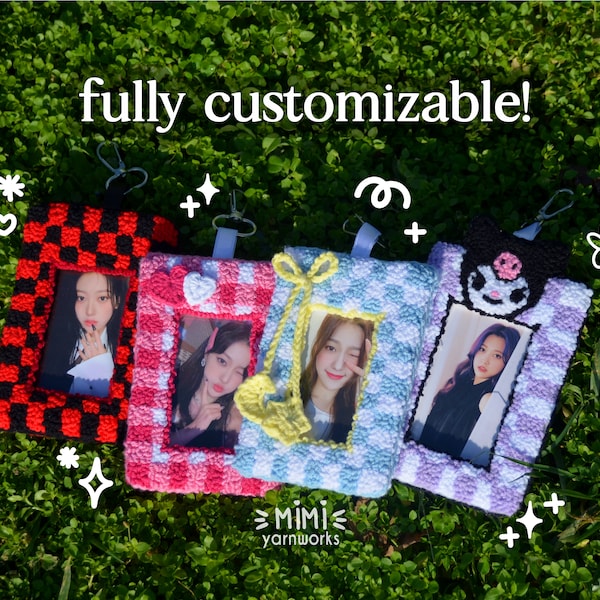 hand tufted checkered / gingham pattern k-pop photocard holder keychain with crochet charms | customizable