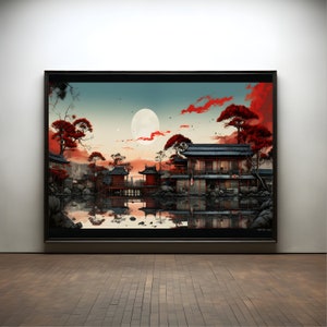 Japanese village with moon premium poster on matte paper - decoration wall gift idea
