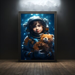 Astronaut girl with bear premium poster on matte paper - decoration wall gift idea