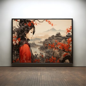 Geisha with Temple Ukiyo-E Premium Poster on Matte Paper - Decoration Wall Gift Idea