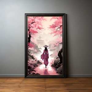 Geisha with hat on rose petal tree ink premium poster on matte paper - decoration wall gift idea