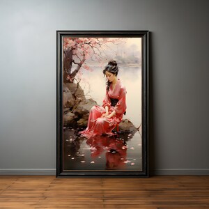Geisha sitting on the river rose petal tree premium poster on matte paper - decoration wall gift idea