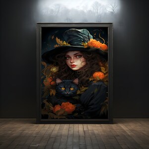 Witch with flowers and cat premium poster on matte paper - decoration wall gift idea
