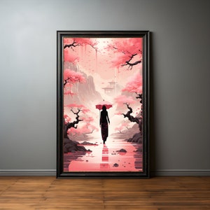 Geisha with parasol and rose petals premium poster on matte paper - decoration wall gift idea